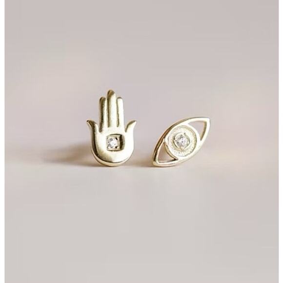 NEW ANTHROPOLOGIE JaxKelly 18kt Hamsa Hand Evil Eye Stud Earring Set Jewelry - Picture 1 of 8